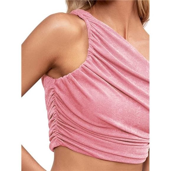 Women's Ruched One Shoulder Crop Top, Baby Pink - Picture 5 of 7